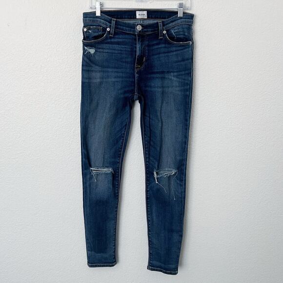 [Hudson] Nico Mid Rise Ankle Skinny Jeans Dark Wash Ripped Knee Distressed Sz 29 - Picture 1 of 11